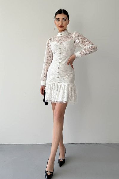 WOMAN VISION Λευκό Guipure Mini βραδινό φόρεμα - Λεπτομέρεια με κουμπιά, διάφανο σχέδιο 285