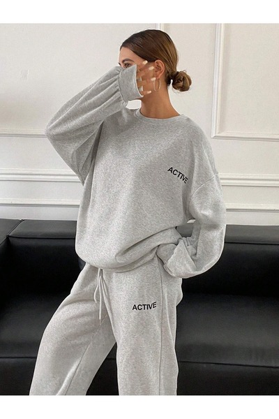 OVER HEAD Kadın Gri Active Baskılı Bisikletyaka Jogger Alt Üst Eşofman Takımı