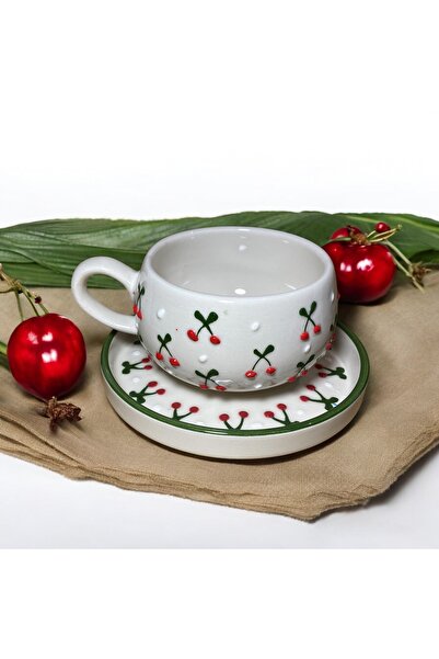 MOSHOME Kiraz Desenli El Yapımı Tabaklı Seramik Kupa, Çay Ve Kahve Fincanı