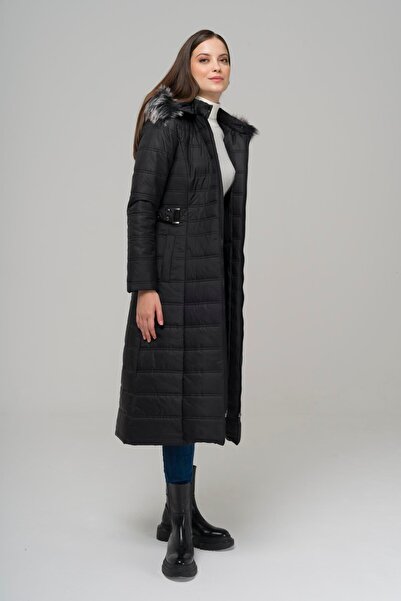 Olcay Odnímatelný dlouhý prošívaný kabát s kožešinou ČERNÝ 6515