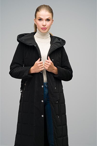 Olcay Černý prošívaný kabát - s kapucí a zapínáním na patentky, dlouhý 6661