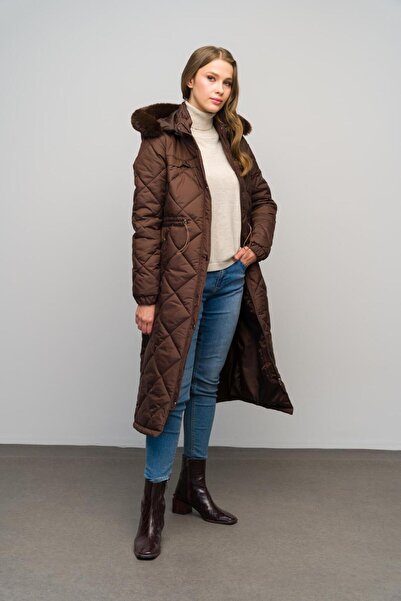 Olcay Odepínací chlupatý kabát s kapucí, dlouhý prošívaný kabát, hnědý 6622