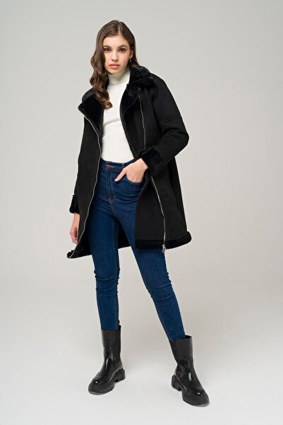 Olcay Dvouřadý semišový kabát s kožešinou na zip ČERNÝ 6514