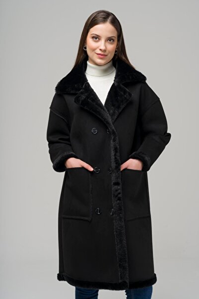 Olcay Dvouřadý semiš / kožich s kapsami na tašce Černá 6496