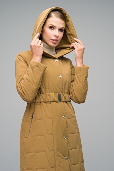 Olcay Quilted Long Coat - Hooded and Snap Closure, KAMEL 6661