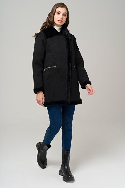 Olcay Semišový kabát s kožešinou se zapínáním na zip ČERNÁ 6513