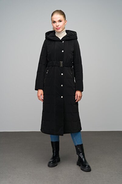 Olcay Černý prošívaný kabát - s kapucí a zapínáním na patentky, dlouhý 6661