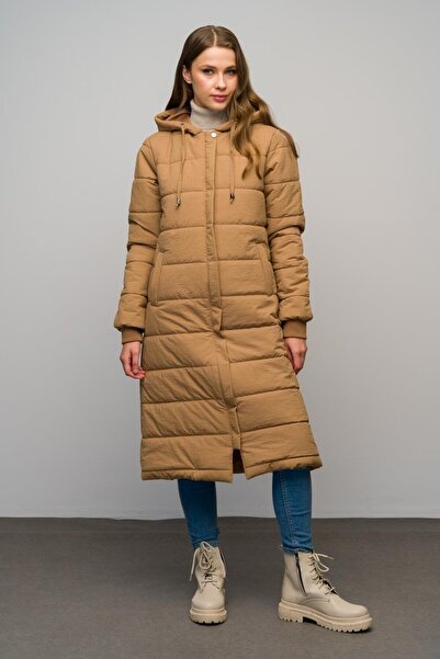 Olcay KAMEL 6626 - Μακρύ καπιτονέ παλτό, με κουκούλα, ριμπ και φερμουάρ