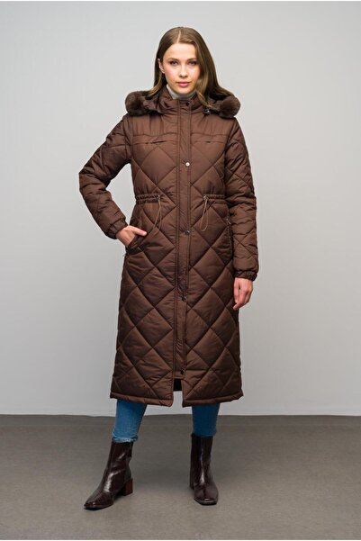 Olcay Odepínací chlupatý kabát s kapucí, dlouhý prošívaný kabát, hnědý 6622