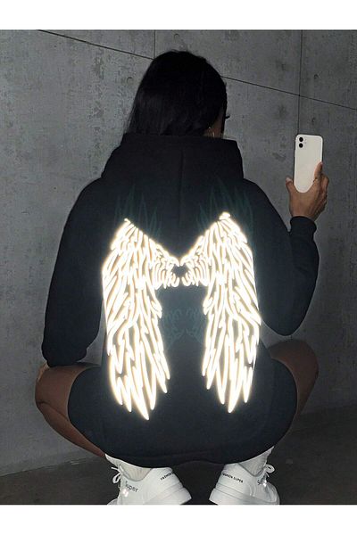 LEIVOR Черен суитшърт с качулка и светоотразителен принт Angel Wings Night Glow