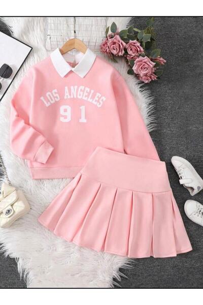 ELOMİA Shirt Collar Detailed Sweat Skirt College Girl Set Combination