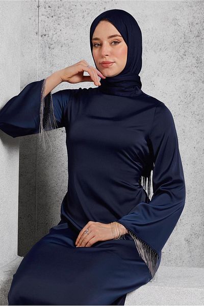 TRENDTESETTÜR Rochie de seara de dama din satin albastru bleumarin - T 5744