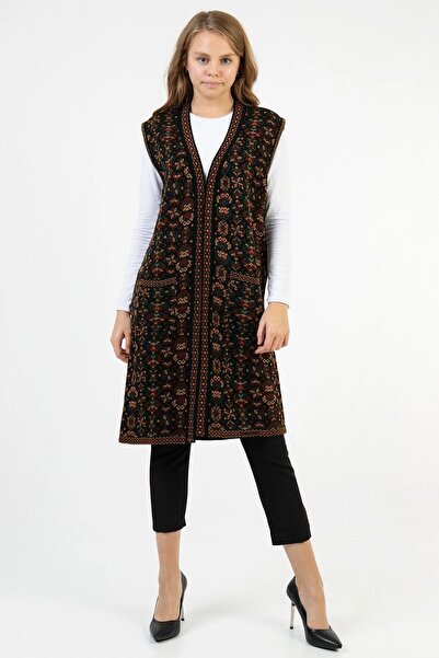 luvise Γυναικείο μακρύ γιλέκο Kilim με μοτίβο λουλουδιών με τσέπες