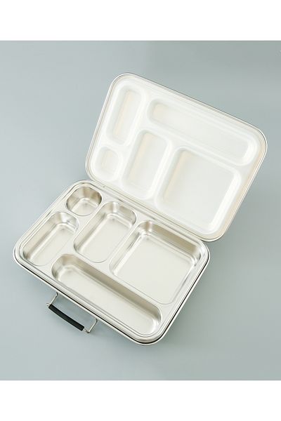 Fab N Funky Stainless Steel 5 Compartment Lunch Box, BPA-Free, Leak-Proof, 3+ Years, 25.5x18x5cm - Silver
