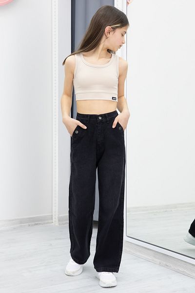 Cansın Mini Pantaloni negri pentru fete, cu talie lată, elastică, 20050
