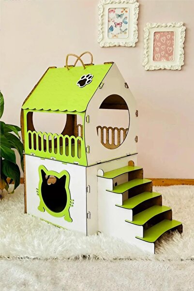 MAVİ TREND Dekoratif Ahşap Kedi Evi Teraslı 2 Katlı Merdivenli Kedi Evi Yeşil...