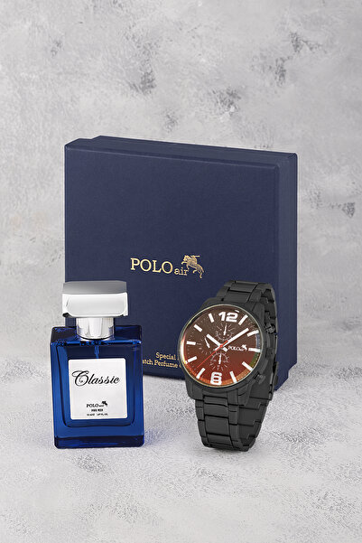 Polo Air Erkek Metal Kol Saati Ve Parfüm Seti Hediyelik Kutusunda Kombin Siya...