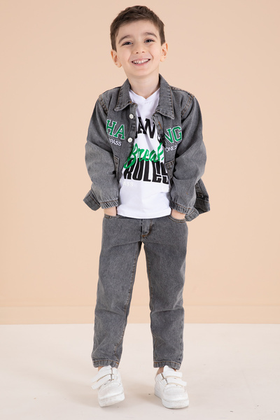 Cansın Mini Smoked Print Embroidered Jacketed 3-Piece Boys' Jeans Suit 20003