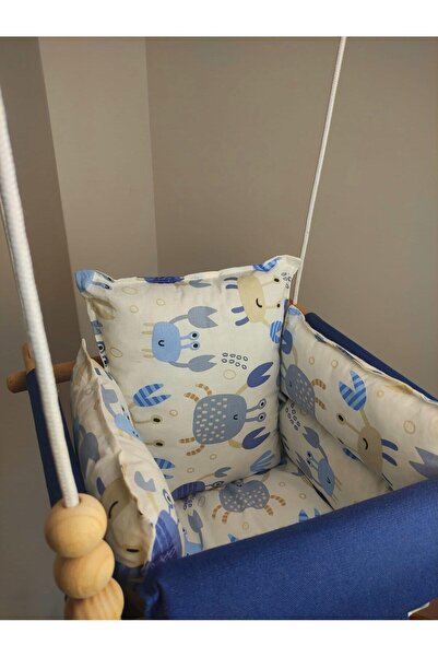 MAVİ TREND Ahşap Salıncak Bebek ve Çocuk Salıncağı Hamak Beşik Mavi Beyaz Figürlü Model