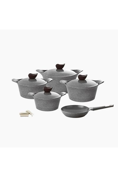 NEOFLAM Aeni,Cooking set 11pcs,pot18,20,24,28cm,frypan 24,die cast aluminum,non stick,Gray Marble color.