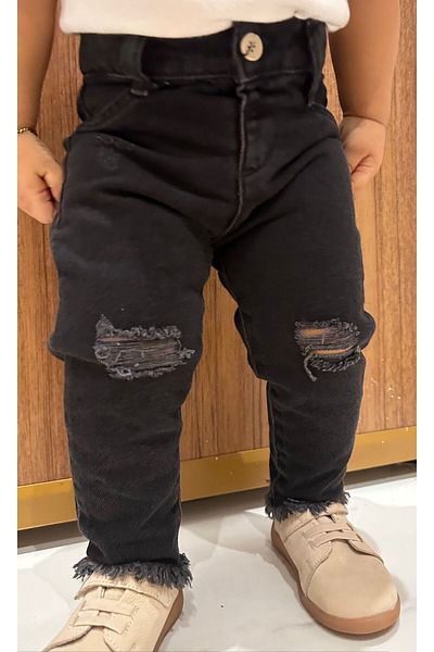 minny max Children's Anthracite Color Denim Jeans with Ripped and Cut Detail