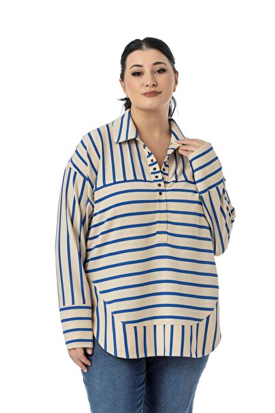 DISENTIS MODEST Bluză cu dungi albastre, cu decolteu în V, cu detaliu cu ochiuri