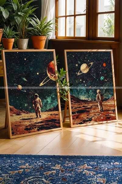 Tontilika Uzay Temalı Astronot 2'li Ahşap Çerçeveli Tablo Seti 30x42