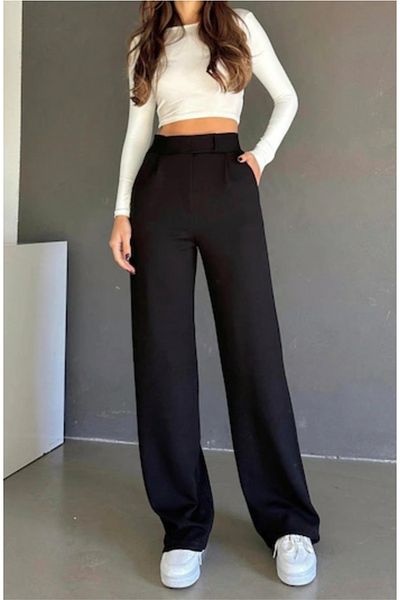 Ayfer Black Lycra Palazzo Trousers - Velcro Closure Crepe