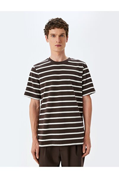 Koton Βαμβακερό ριγέ μπλουζάκι με κοντό μανίκι με λαιμόκοψη