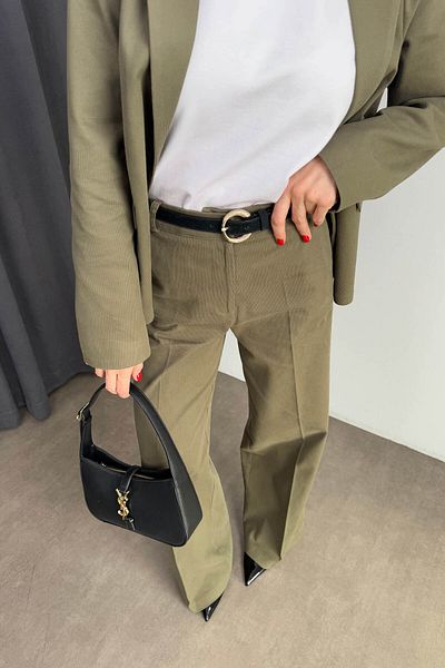 Sue Store Khaki Velvet Thin Ribbed Elastic Waist Palazzo Trousers