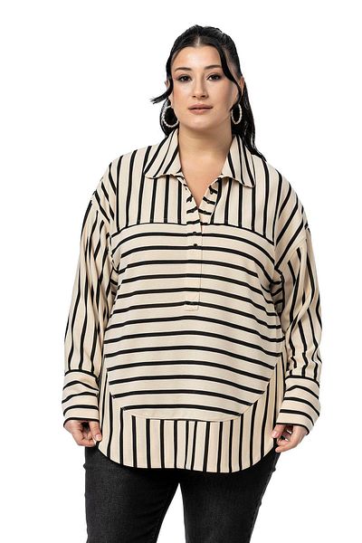 DISENTIS MODEST Plus Size Eyelet Detail V Neck Wide Cut Black Striped Blouse