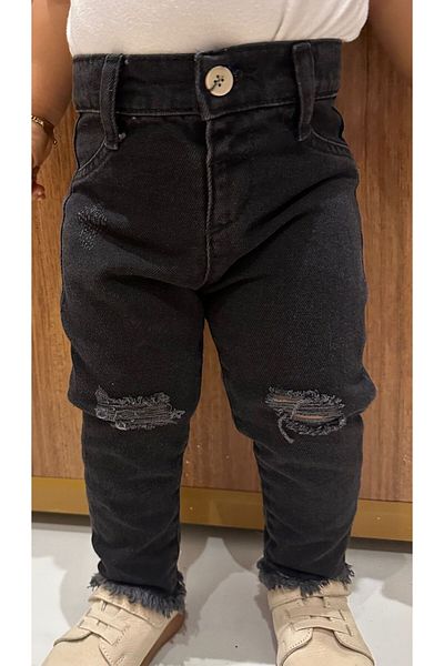 minny max Children's Anthracite Color Denim Jeans with Ripped and Cut Detail