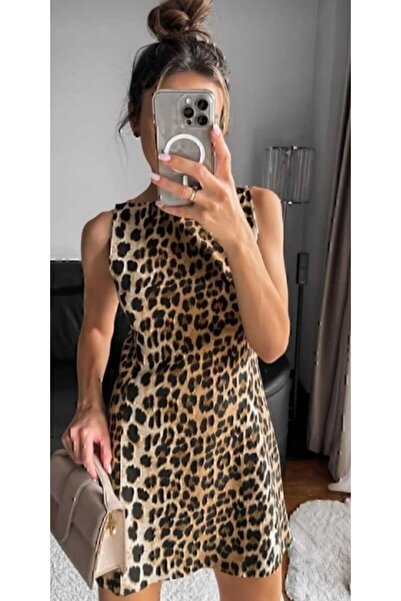 PERADO Leopar Desenli Saten Elbise