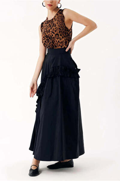 SOCIETA Siyah Büzgü detaylı midi boy valonlu etek 81241