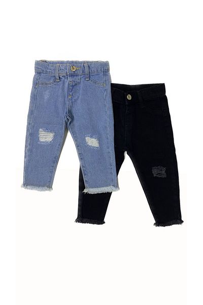 minny max Children's Jeans Ripped Detailed Trousers 2 Pieces Black and Blue Set
