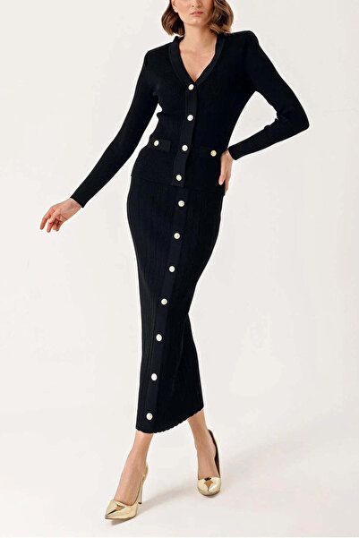 SOCIETA Siyah Düğme detaylı hırka ve etekli takım 28850