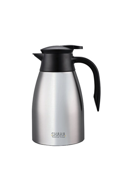 SHAHA قارورة مفرغة من الفولاذ المقاوم للصدأ بمقبض خشبي سعة 1.4 لتر، رمادي