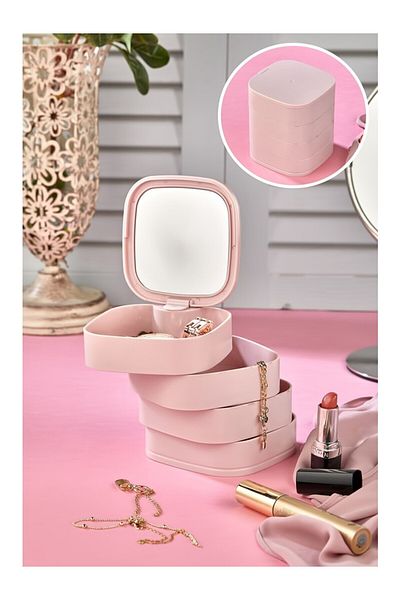 Pazar Kapısı 4 Tiers Mirrored Square 360 Degree Rotatable Jewelry Organizer Box