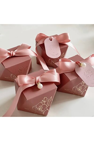 Kutumania 50 Adet Kurdeleli ve İncili Pembe Renkli Çiçek Desenli Düğün, Nişan...