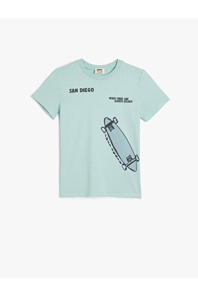 Koton Скейтборд печатна тениска с къс ръкав и велосипедна яка от памук