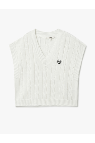 Koton V-Neck Oversize Hair Knitted Sweater with Embroidery Detail