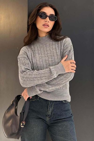 Madmext Gray Half Turtleneck Braided Knitwear Women's Sweater Mg2257