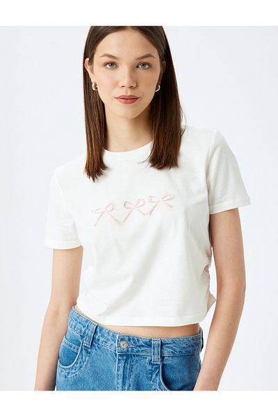 Koton New Season Crop Crew Neck Short Sleeve Slim Fit Bow T-Shirt