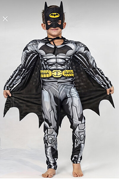 Genel Markalar Batman Kaslı Çocuk Kostümü Siyah Pelerinli Maskeli Süper Kahra...