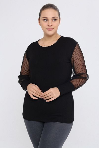 modayız Tulle Sleeve Large Size Black Blouse 7d-2258