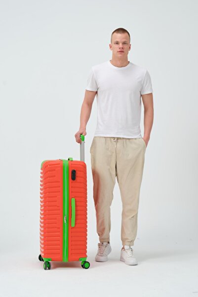 Diseno Keo-Plus Turuncu-Yeşil Büyük Boy Silikon PP Kırılmaz Valiz