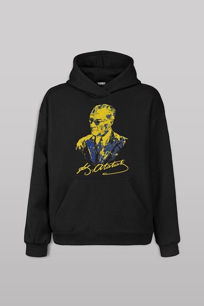 Kendim Seçtim Ataturk Front Printed Yellow Navy Unisex Sweatshirt - Hooded Hoodie