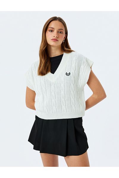 Koton V-Neck Oversize Hair Knitted Sweater with Embroidery Detail