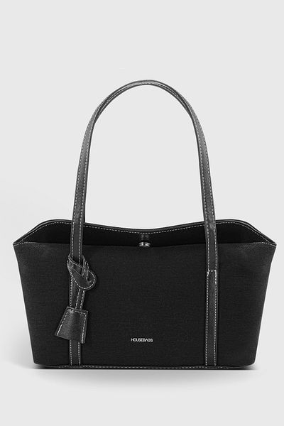 Housebags Bowling Style Black Canvas Shoulder Bag with Flap, 270 Model