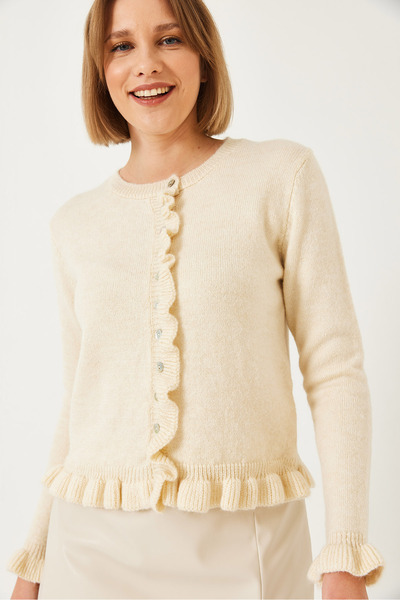 Bianco Lucci Kadın Düğmeli Fırfırlı Triko Hırka 20246946